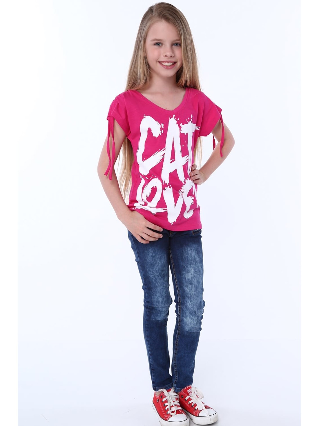 Girls\' blouse with short sleeves and an inscription, amaranth NDZ81690 - Online store - Boutique